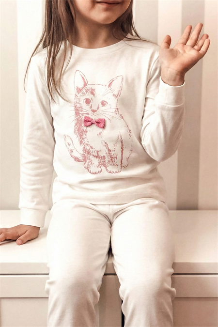 Kedi Baskılı Pijama Takım 2-8 Yaş Ekru