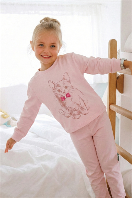 Kedi Baskılı Pijama Takım 2-8 Yaş PUDRA PEMBE