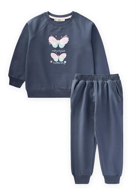 Kelebek Baskılı Sweatshirt Takım 2-10 Yaş Lacivert