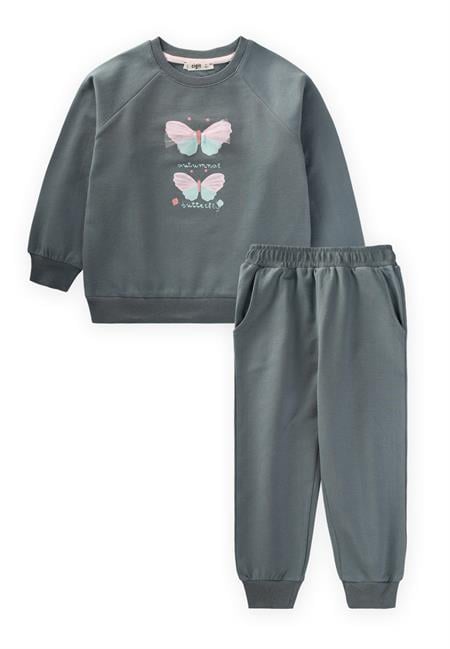Kelebek Baskılı Sweatshirt Takım 2-10 Yaş Çağla Yeşili