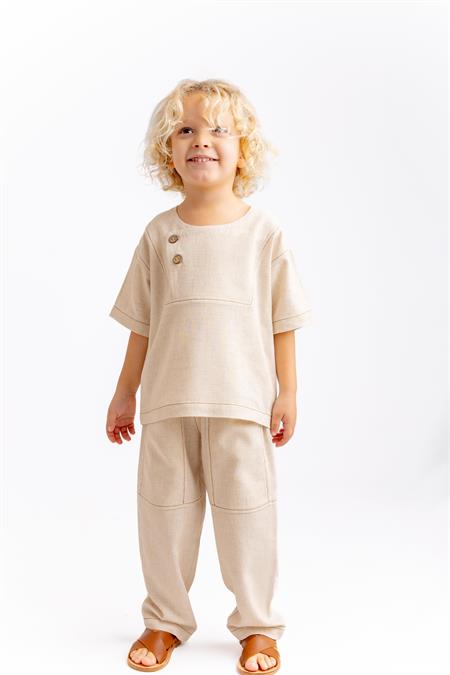 Kontrast Dikişli Keten Bluz 2-7 Yaş Naturel