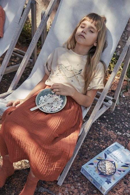 Kuş Baskılı Taş Detaylı Müslin Etekli Takım 2-8 Yaş Bej