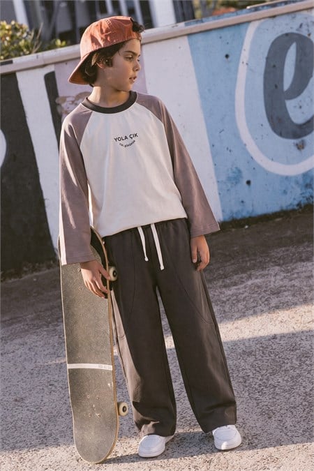 Mevsimlik Reglan Kol T-Shirt Takım 2-10 Yaş Ekru-Koyu Haki