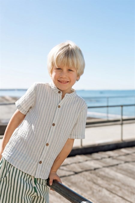 Organik Müslin Gömlek 2-10 Yaş Mavi Çift Çizgili