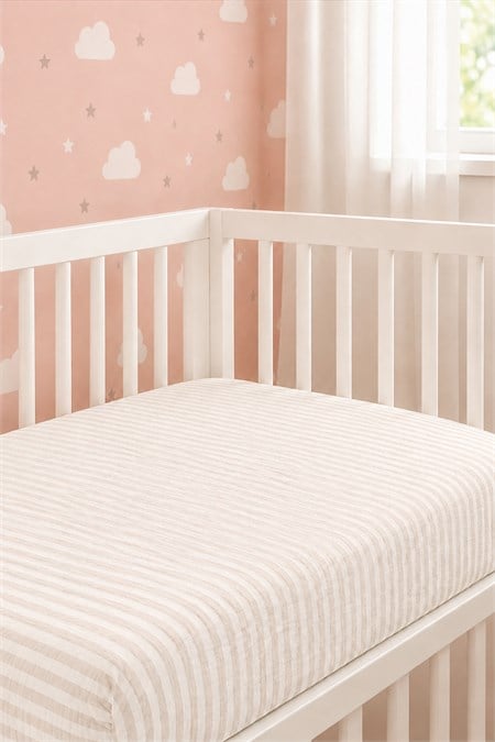 Müslin Lastikli Çarşaf Sıvı geçirmez 60x120x15 Bej Kalın Çizgili