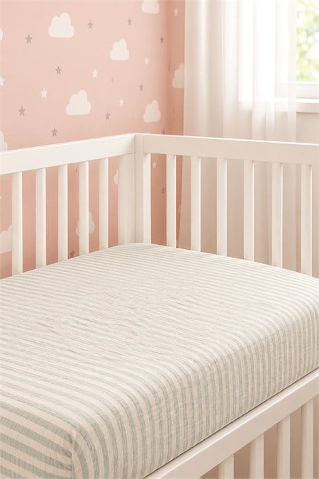 Müslin Lastikli Çarşaf Sıvı geçirmez 60x120x15 MİNT KALIN ÇİZGİ