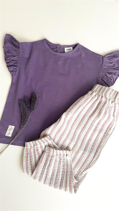 Müslin Şalvarlı T-Shirt Takım 2-10 Yaş Mor