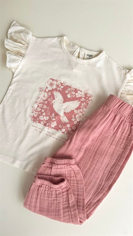 Müslin Şalvarlı T-Shirt Takım 2-10 Yaş Ekru