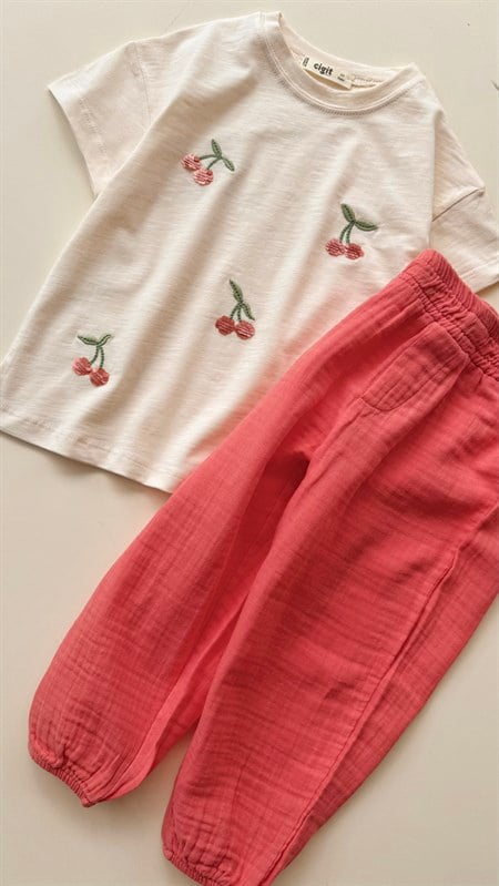 Müslin Şalvarlı T-Shirt Takım 2-8 Yaş Ekru