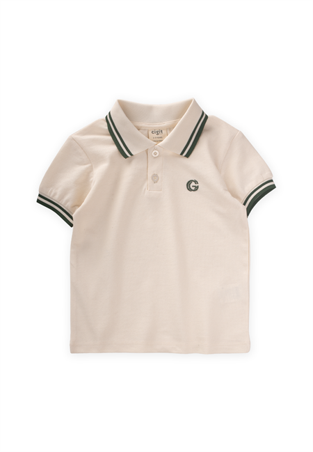 Nakışlı Çift Çizgili Polo Yaka T-Shırt 2-10 Yaş Ekru