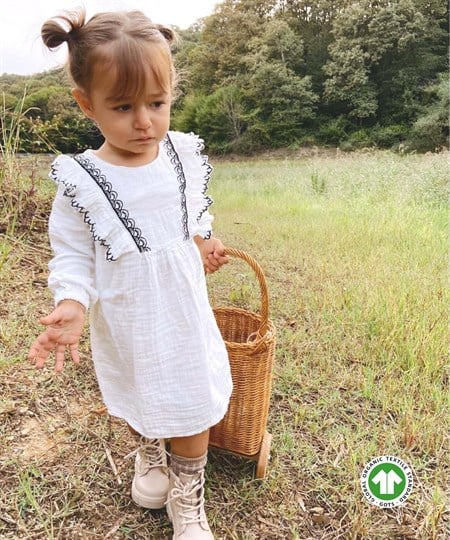 Nakışlı Fırfırlı Mevsimlik Organik Müslin Elbise 1-8 Yaş Ekru