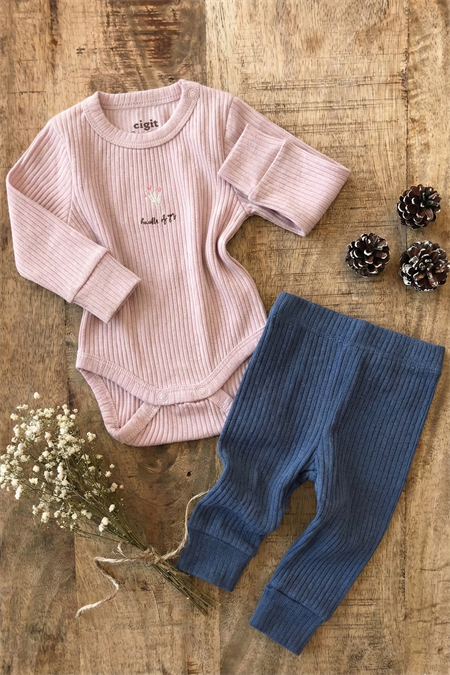 Nakışlı Mevsimlik Zıbın Takım 0-3 Yaş Pudra Pembe