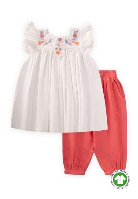Nakışlı Organik Müslin Şalvarlı Takım 1-7 Yaş Ekru
