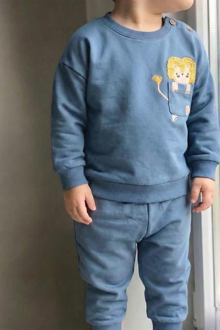 Nakışlı Sweatshırt Takım 0-4 Yaş İNDİGO MAVİ