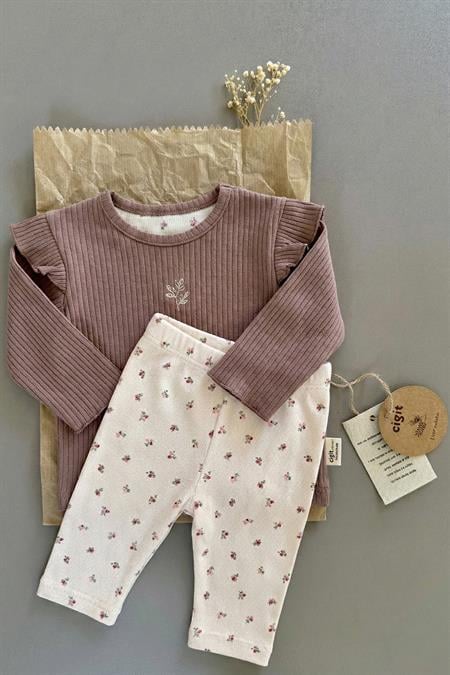 Nakışlı Uzun Kollu Fitilli Takım 0-5 Yaş Bakır