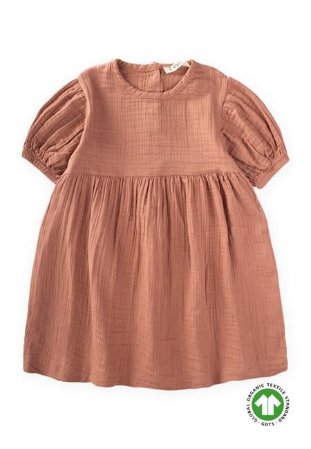 Organic Balon Kollu Müslin Elbise 2-10 Yaş Açık Kahve