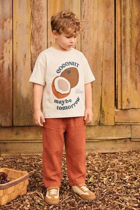 Organic Pantolonlu Coconut Baskılı T-Shırt Takım 3-10 Yaş Ekru