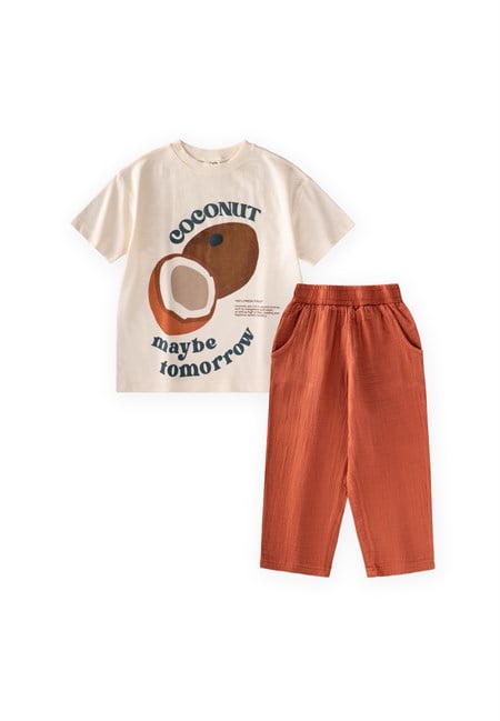 Organic Pantolonlu Coconut Baskılı T-Shırt Takım 3-10 Yaş Ekru