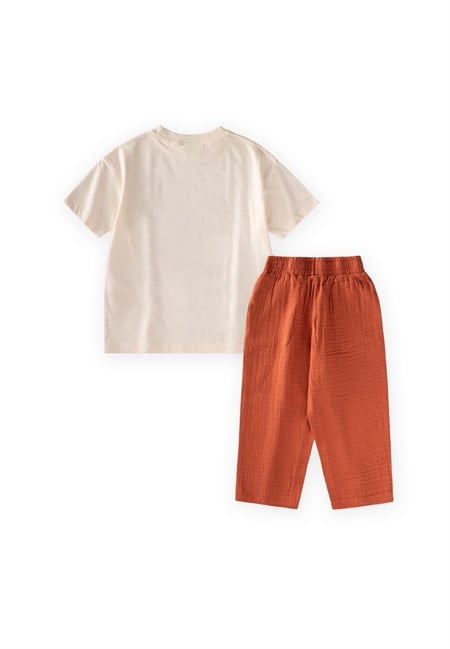 Organic Pantolonlu Coconut Baskılı T-Shırt Takım 3-10 Yaş Ekru