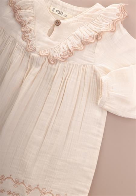 Organik Etnik Nakışlı Müslin Elbise 1-8 Yaş Naturel