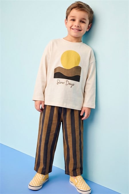 Oversize Baskılı Mevsimlik Takım 2-10 Yaş Ekru Yeşil Çizgili