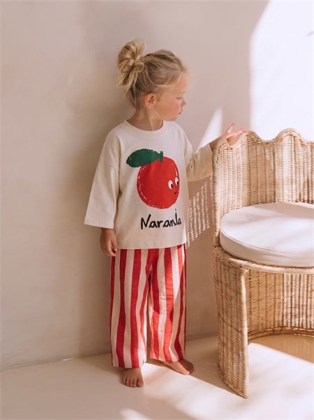 Oversize Baskılı Mevsimlik Takım 2-10 Yaş Ekru Pembe Çizgili