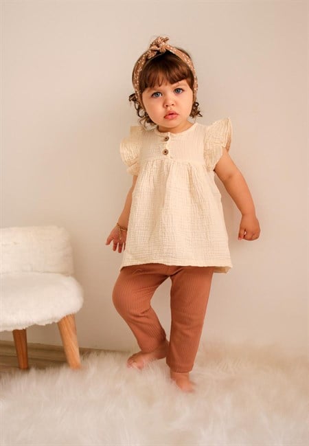 Oversize Müslin Tunik Taytlı Takım 1-7 Yaş Krem
