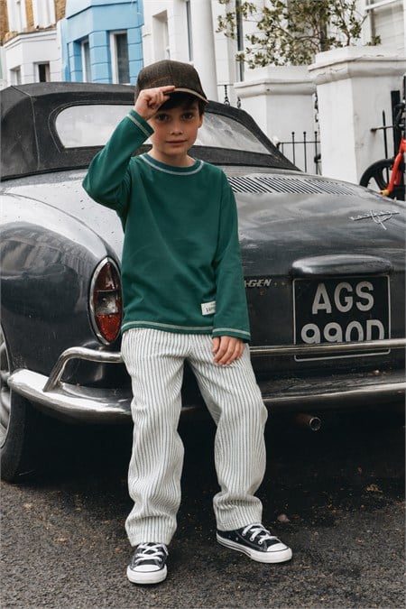 Oversize Müslin Pantolonlu Takım 2-10 Yaş Yeşil İnce Çizgili