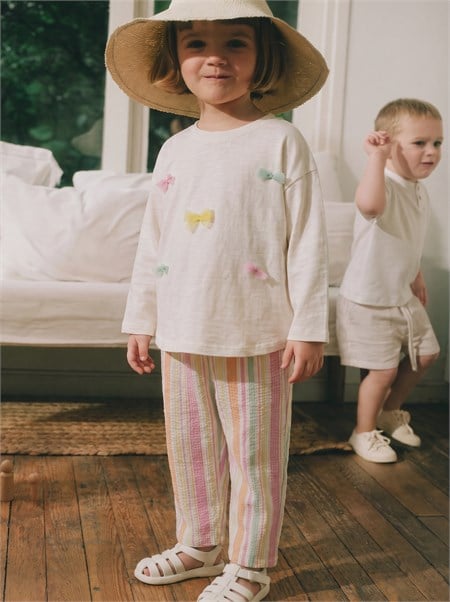 Oversize T-Shirt Pantolon Takım 2-10 Yaş Ekru Turuncu Çizgili