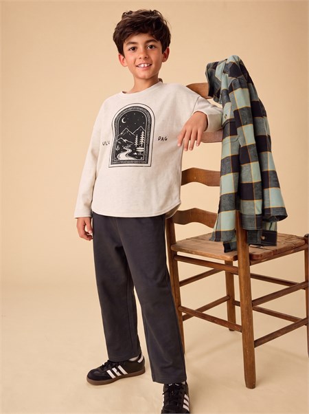 Oversize Uzun Kollu T-Shirt Takım 2-8 Yaş Bej Melanj