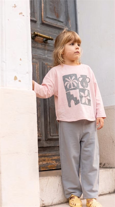 Oversize Uzun Kollu T-Shirt Takım 2-8 Yaş Pudra Pembe