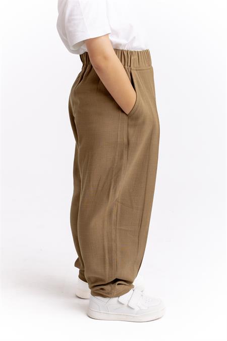 Paça Ve Belden Kapalı A Pile Keten Pantolon 2-7 Yaş Caramel