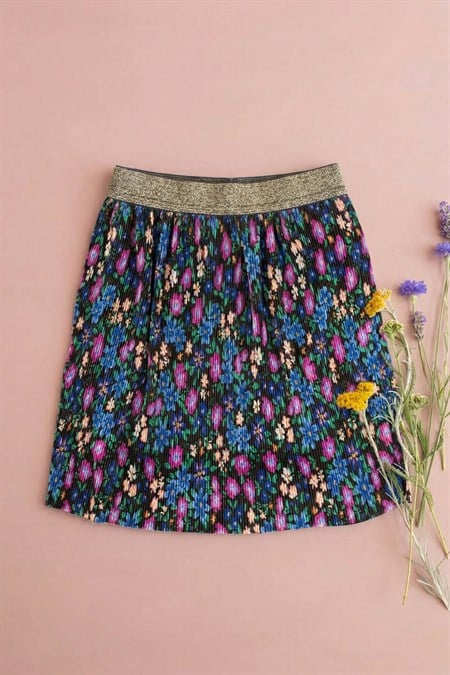 Piliseli Sim Lastik Detaylı Etek 2-7 Yaş Çiçek Desenli