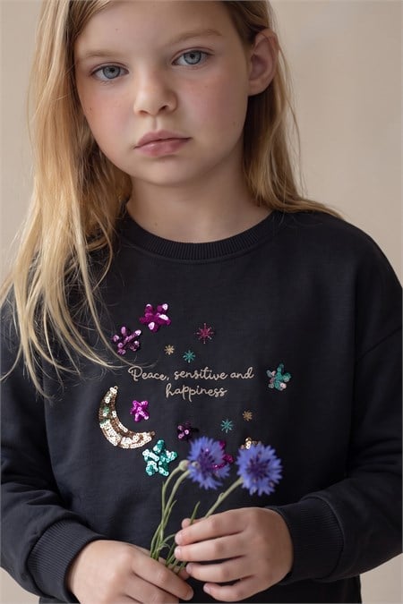 Pullu Ay Yıldız Nakışlı Sweatshirt 2-8 Yaş Antrasit