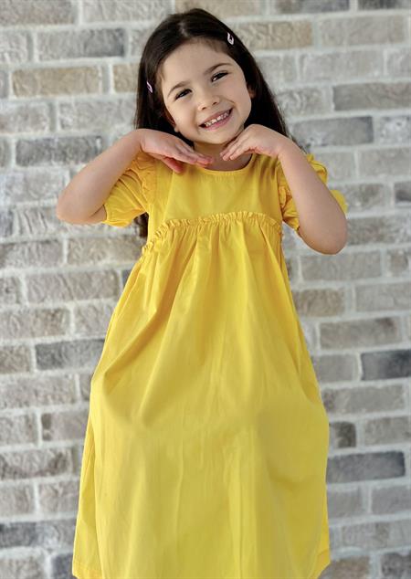 Robadan Fırfır Büzgülü Poplin Elbise 2-7 Yaş Sarı
