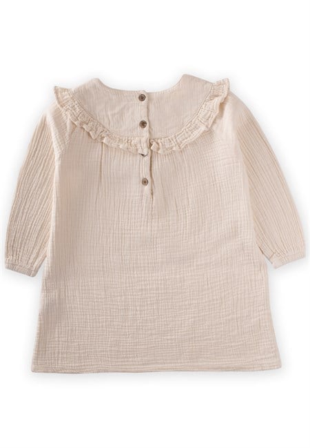 Robası Nakışlı Organik Müslin Elbise 2-8 Yaş Krem