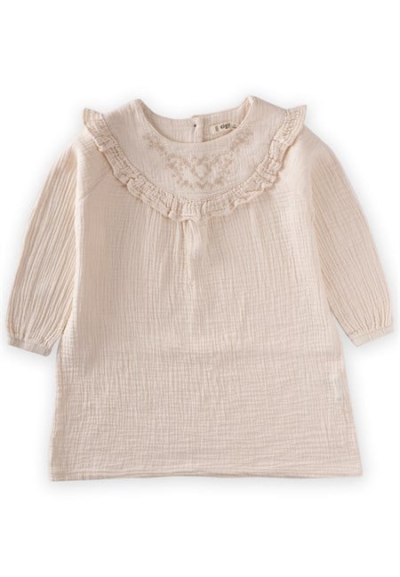 Robası Nakışlı Organik Müslin Elbise 2-8 Yaş Krem