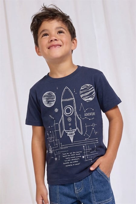 Roket Baskılı T-Shirt 2-12 Yaş Lacivert