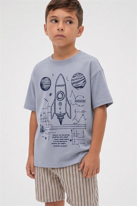 Roket Baskılı T-Shirt 2-12 Yaş Pastel Mavi