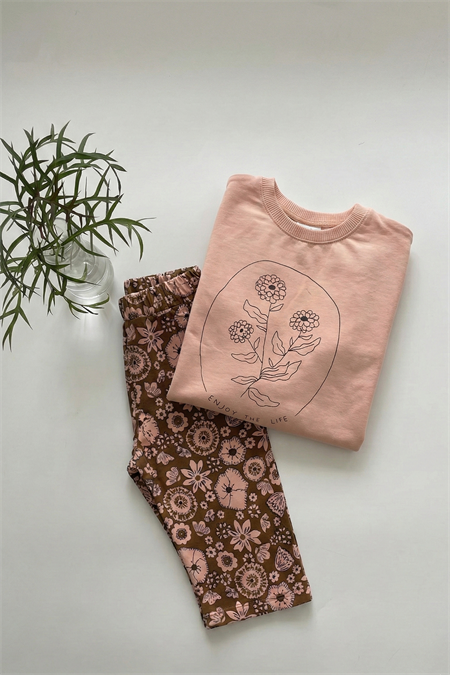 Uzun Kollu Desenli Yüksek Bel Pantolonlu Takım 2-8 Yaş SOMON