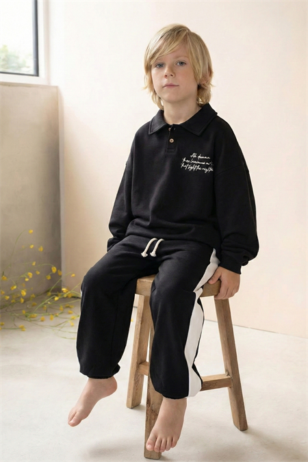 Yakalı Nakış İşlemeli Sweatshirt Takım 2-10 Yaş Siyah