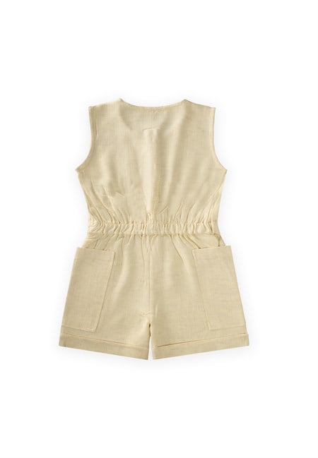 Yanları Cepli Kısa Boy Keten Tulum 2-7 Yaş Sarı