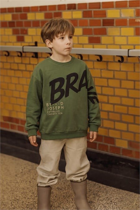 Baskılı Erkek Çocuk Kışlık Sweatshirt 8-12 Yaş Yağ Yeşili