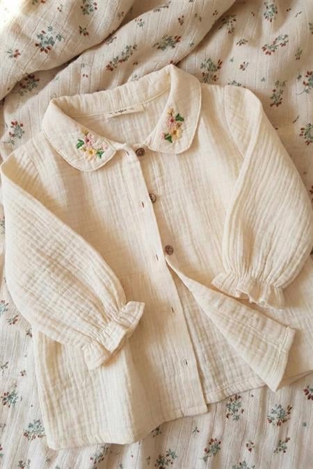 Nakışlı Organik Müslin Gömlek 2-8 Yaş Naturel