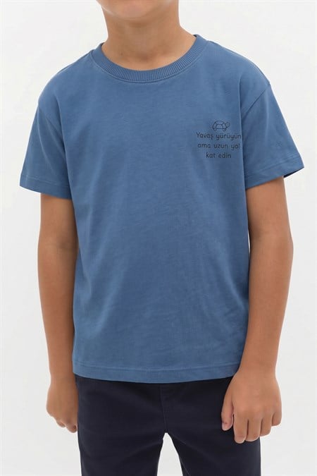 Slogan Baskılı T-Shirt 2-10 Yaş İndigo Mavi