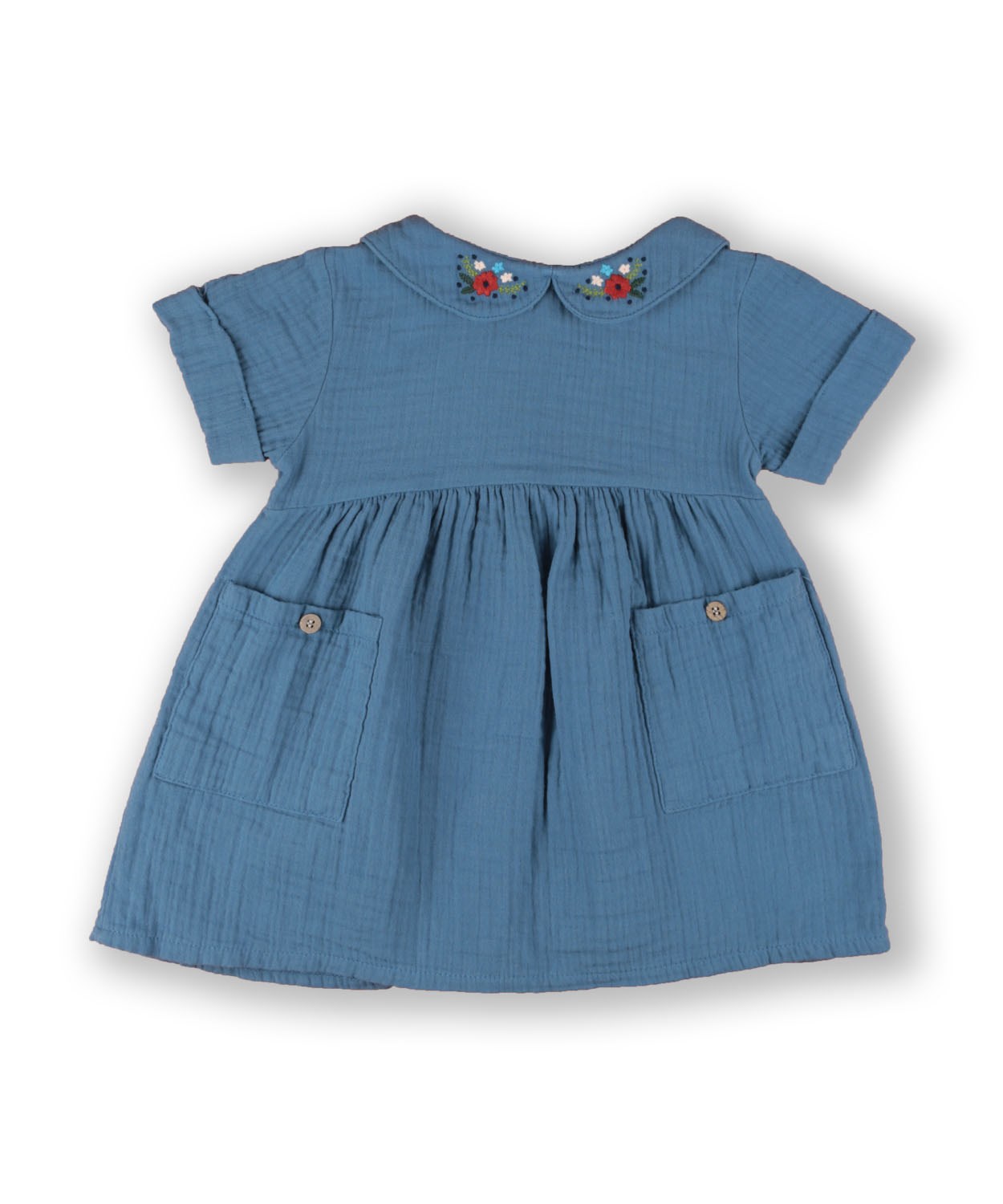Collar Flower Embroidered Baby Girl Dress 1-4 Age Indigo Blue