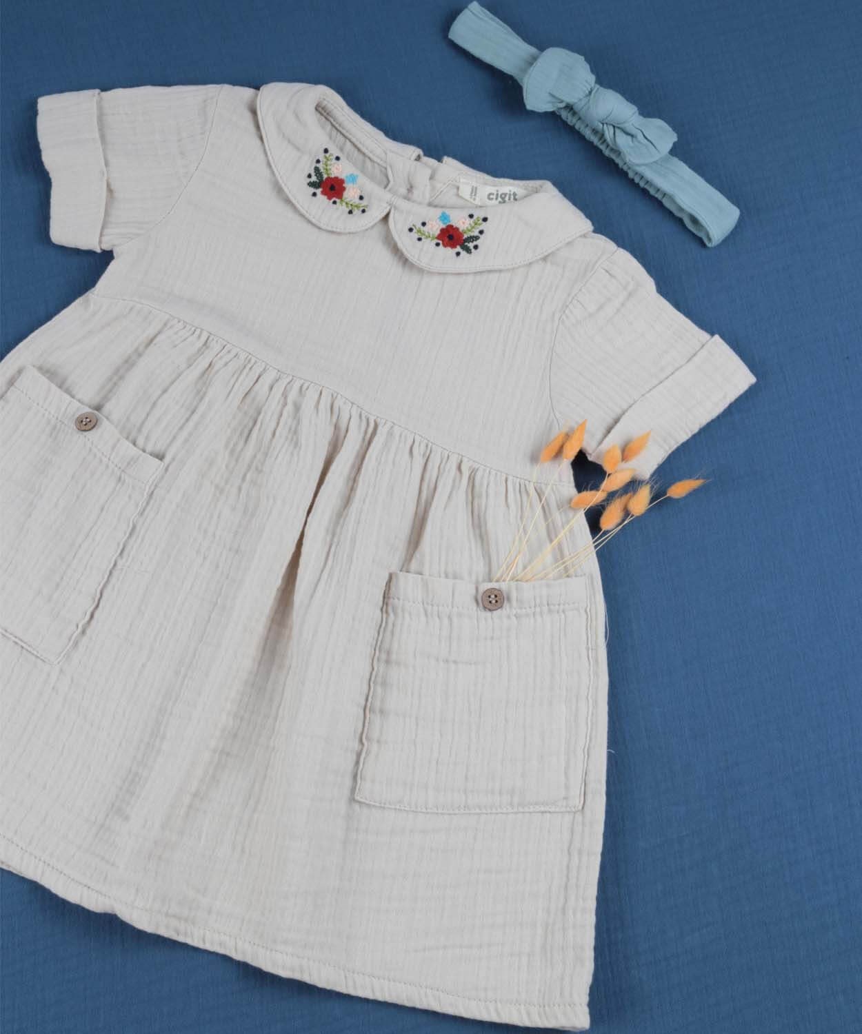 Yaka Çiçek Nakışlı Kız Bebek Elbise 1-4 yaş Taş - Cigit