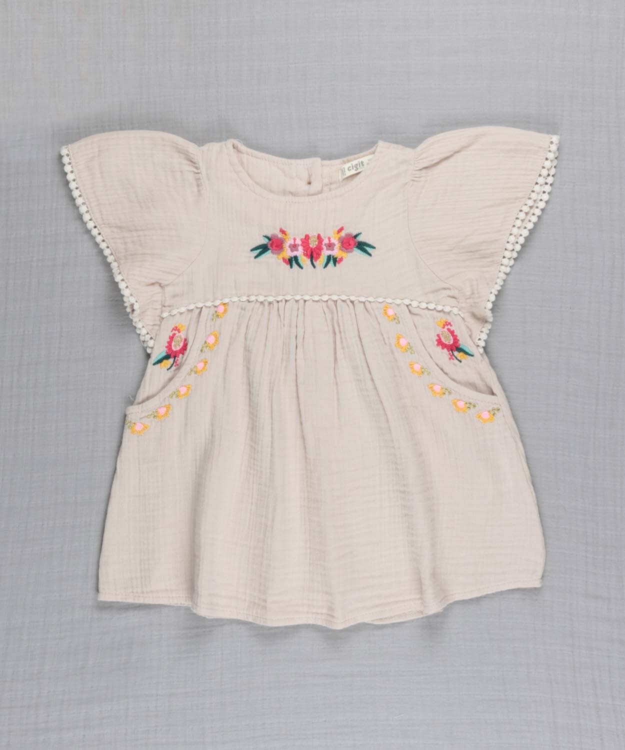 Kolu Fırfırlı Çiçek Nakışlı Müslin Kız Bebek Elbise 1-4 yaş Taş - Cigit