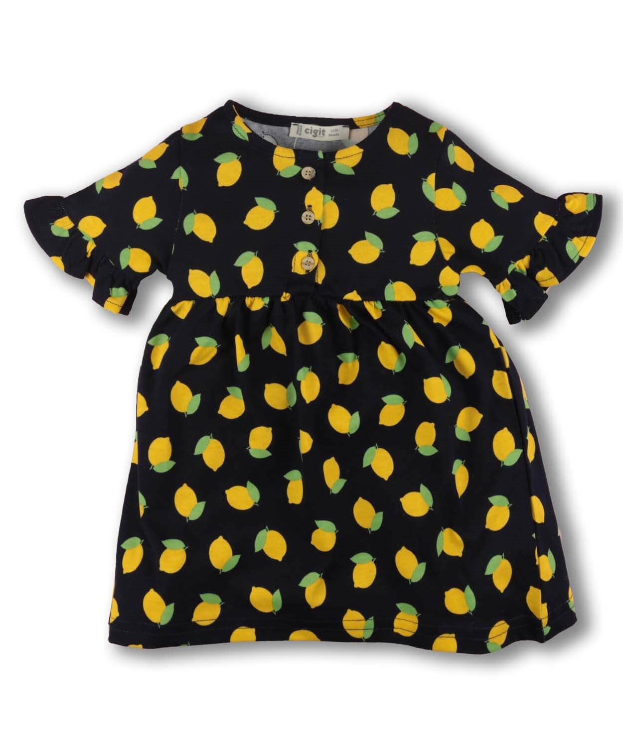 Önü Düğmeli Kol Fırfırlı Kız Bebek Elbise 1-4 yaş Limon Desen - Cigit