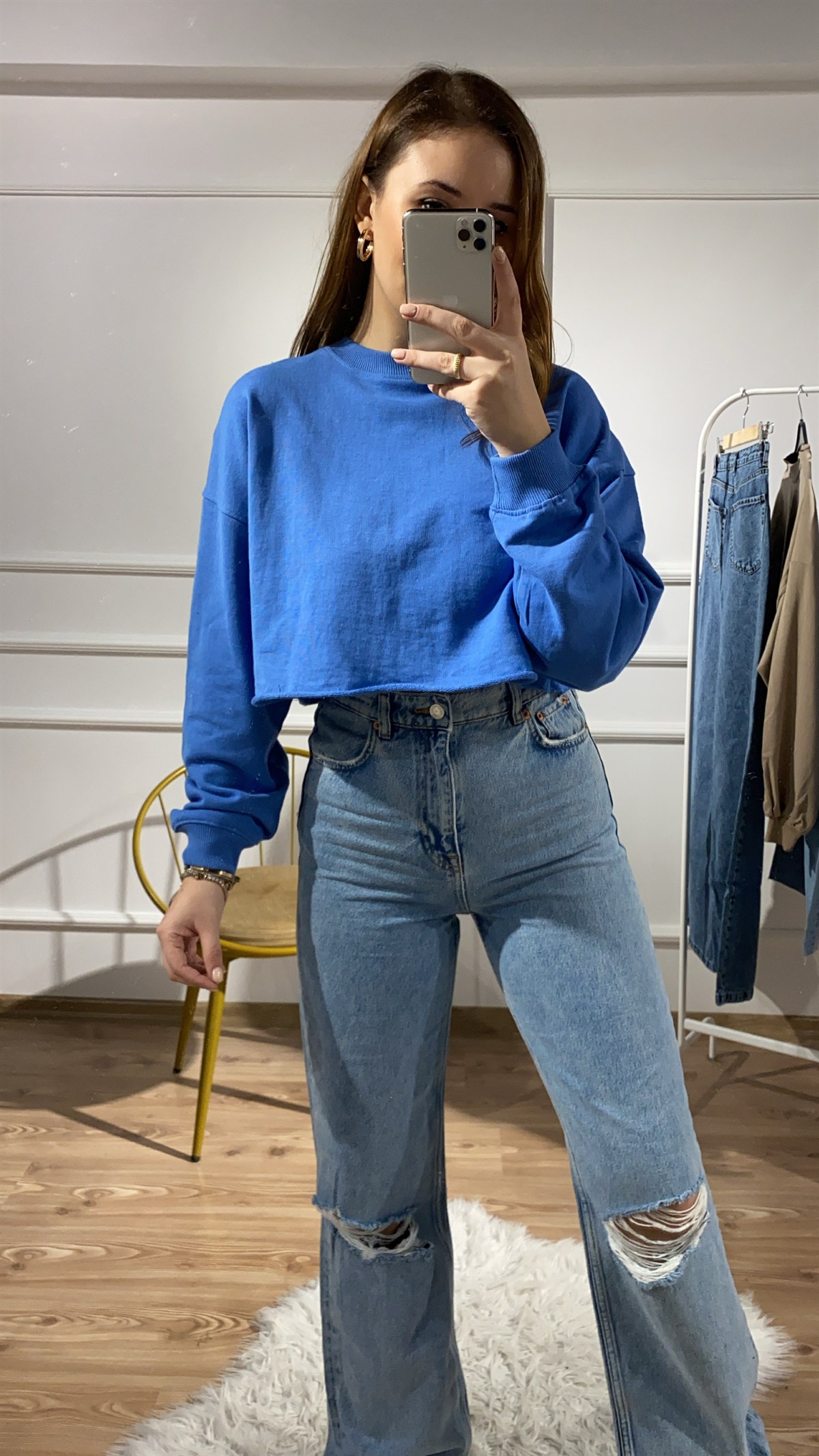 Bershka Mavi Crop Sweat | Narferita Kadın Giyim